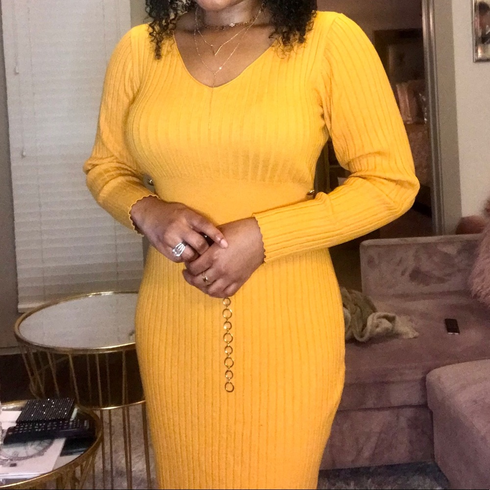Beautiful Yellow Midi Sweater Dress